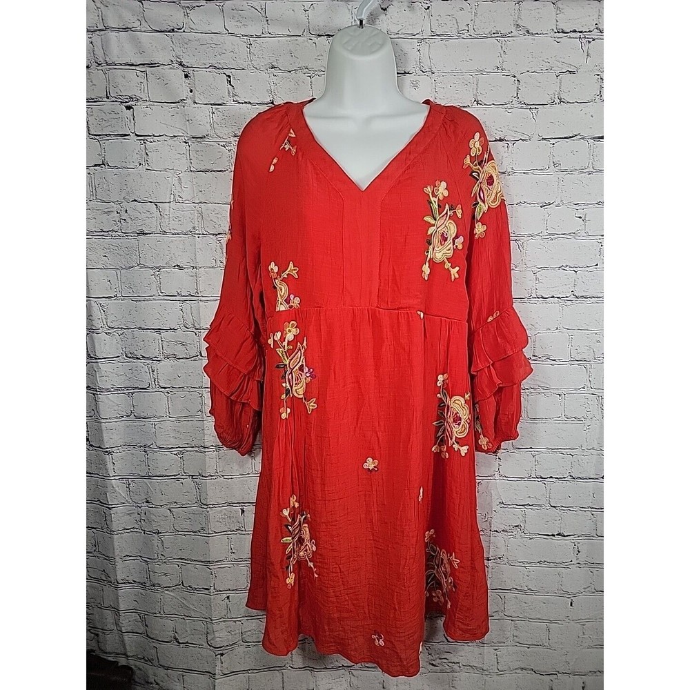 Fig And Flower Boho Embroidered Ruffled Gauzy Red Floral Dress Size M